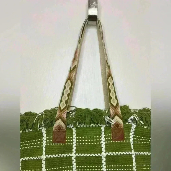 Women’s Large Shoulder Boho Style Tote Bag, Green/White - Picture 2 of 7